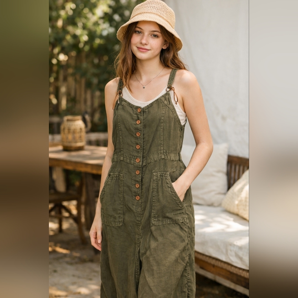 BISCOTTE OLIVE GREEN BUTTON FRONT MAXI DRESS SIZE 1 ( SMALL)